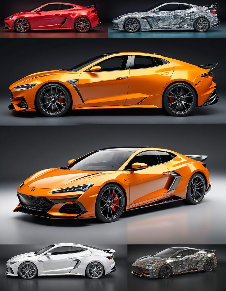 A sleek, modern car showcasing a custom frame with unique styling accents. The background features an artist's workshop filled with design sketches and tools, highlighting the process of automotive customization. The car's paint glistens under bright lights, and samples of different frame finishes are scattered around. Include a dynamic color palette to evoke creativity and innovation in automotive design. super-realistic. vibrant colors. 3D.