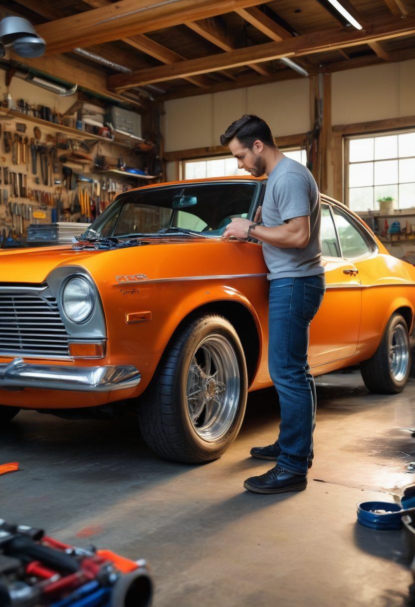 A dynamic scene showcasing a car enthusiast passionately working on a vehicle frame in a vibrant garage filled with tools, auto parts, and colorful custom designs. The focus is on a partially restored automotive frame, surrounded by classic and modern cars, paint sprays, and schematic blueprints. Incorporate a bright, motivational atmosphere with sunlight streaming in, emphasizing creativity and craftsmanship. deep colors. detailed illustration.