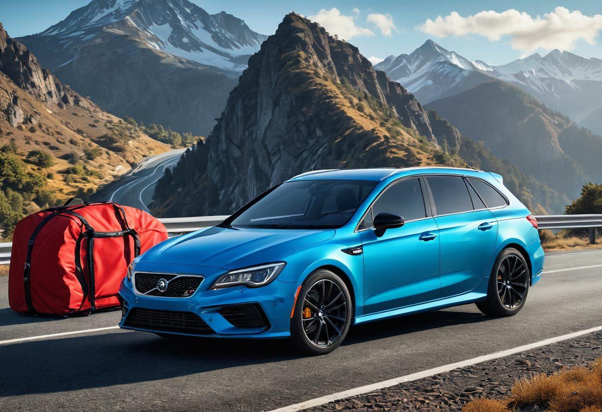 A vibrant display of essential automotive accessories spread across a sleek, modern vehicle. Include items like high-tech gadgets, stylish seat covers, and performance tools glistening under the sunlight. The background should feature a misty mountain road to suggest adventure and freedom. Incorporate dynamic lines to convey motion and excitement. super-realistic. vibrant colors. 3D.